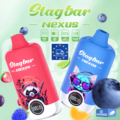 Two Stagbar Nexus vape bottles with panda and blue-cat artwork, features mesh coil, 850 mAh, LED display, adjustable airflow.