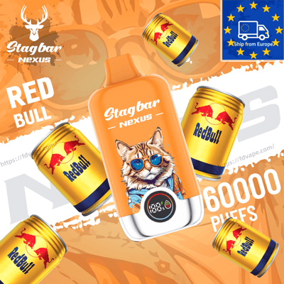 Orange Stagbar Nexus bottle featuring a cartoon cat wearing blue sunglasses, surrounded by Red Bull cans on an orange background.