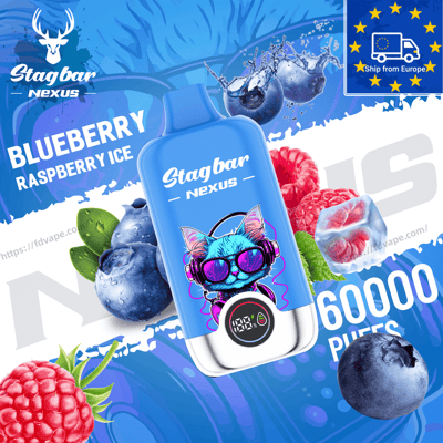 Blue Stagbar Nexus disposable vape bottle featuring a neon blue cat with headphones, surrounded by blueberries and raspberries for Blueberry Raspberry Ice.