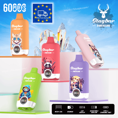 Five colorful Stagbar Nexus vape bottles with animal designs on pastel platforms against a blue sky, with EU shipping badge.