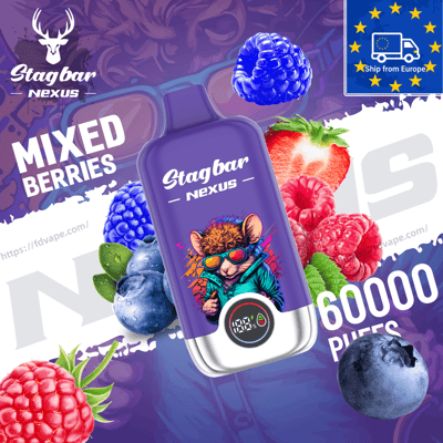 Purple Stagbar Nexus Mixed Berries vape bottle with a rat wearing sunglasses, surrounded by berries and a 6000 puffs label.
