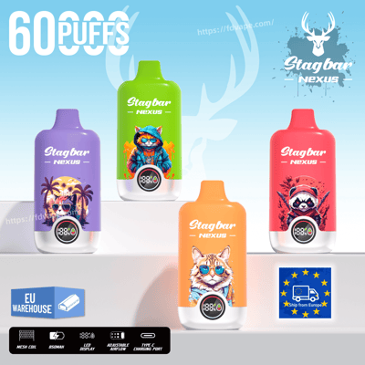 Four Stagbar Nexus disposable vape bottles in purple, green, orange and red with animal artwork on a display, showing 60 puffs.