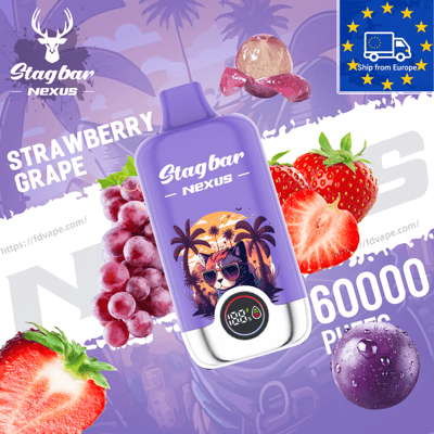 Purple Stagbar Nexus bottle with tropical palm artwork, flavor Strawberry Grape, beside strawberries and grapes.