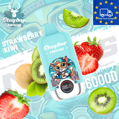 Turquoise Stagbar Nexus bottle with a cartoon cat wearing goggles on the label, surrounded by strawberries and kiwis for the Strawberry Kiwi flavor.