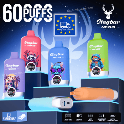 60 Puffs Stagbar Nexus display with four colorful vape bottles and a USB-C device; EU Ship from Europe.