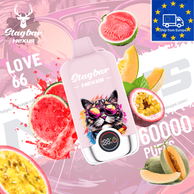 Pink Stagbar Nexus bottle featuring a colorful cat wearing sunglasses, with watermelon, melon, and passion fruit around it.