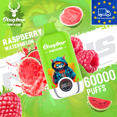 Bright green vape bottle with Stagbar Nexus logo and cartoon fox, Raspberry Watermelon flavor, surrounded by raspberries.