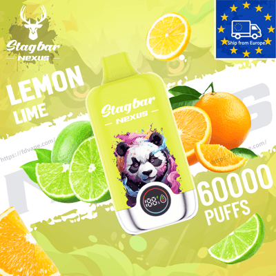 Bright yellow Stagbar Nexus vape bottle with a panda graphic, lemon-lime flavor, surrounded by lemon and lime slices.