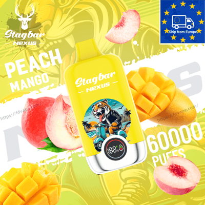 Bright yellow Stagbar Nexus bottle with tiger-on-scooter logo, peach mango flavor; peaches and mangoes, 60000 puffs.