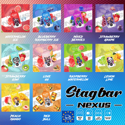 Collage of Stagbar Nexus disposable vape devices in colorful fruit flavors like Watermelon Ice and Blueberry Raspberry Ice.