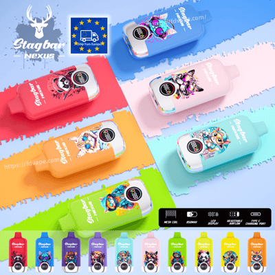 Assorted Stagbar Nexus vape devices in bright colors with animal artwork on color swatches; branding and EU ship badge visible
