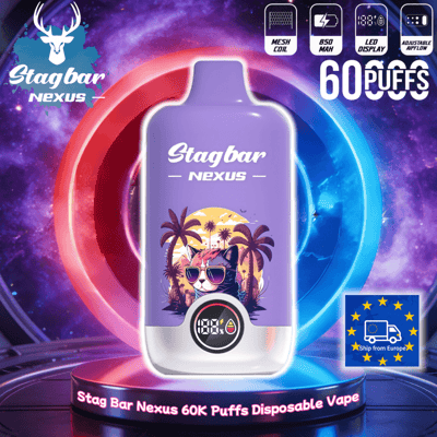 Purple Stag Bar Nexus Einweg-Vaporizer mit tropischer Palmenszene und Katze mit Sonnenbrille, 60.000 Züge, auf einer Neonplattform