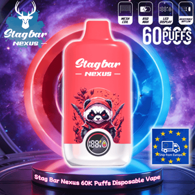 Red Stagbar Nexus disposable vape with panda artwork, 60K puffs, neon space backdrop and Europe shipping badge.