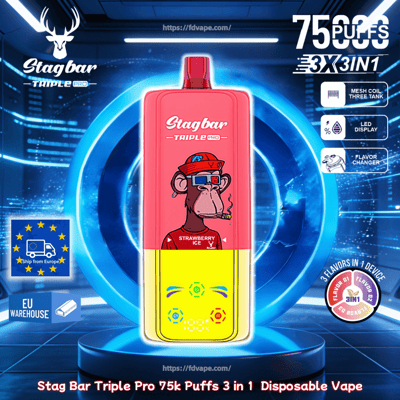 Stagbar Triple Pro disposable vape, pink top with cartoon monkey in sunglasses, yellow bottom, strawberry ice flavor, neon blue.