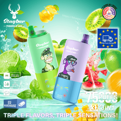 Two Stagbar Triple Pro bottles with cartoon monkey labels among citrus fruits and mint, promoting 3-in-1 flavors.
