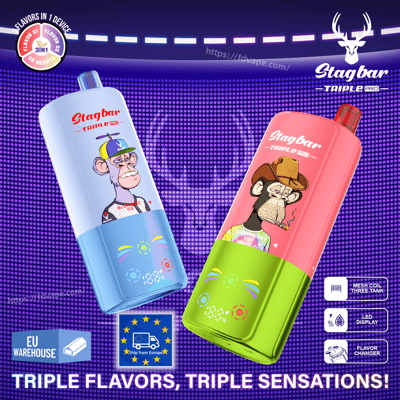 Two Stagbar Triple Pro vape devices, blue and pink with cartoon labels, tilted on a purple dotted advertising banner.