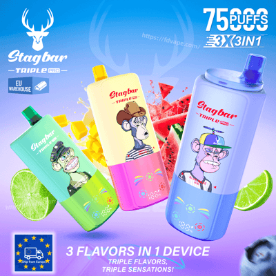 Three Stag bar Triple Pro disposable vape bottles in green, yellow, and blue with cartoon monkey characters and fruit slices.