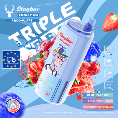 Blue Stag Bar Triple Pro vape device with a cartoon monkey logo, surrounded by berries, advertising Blue Razz Ice flavor.