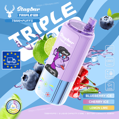 Purple Stagbar Triple Pro vape bottle with monkey logo, set against a blue background with lime and berries.