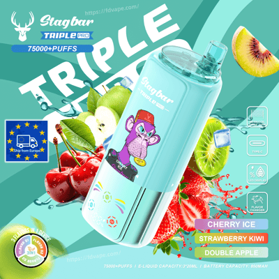 Teal Stagbar Triple Pro vape bottle with cartoon monkey among fruits; Cherry Ice, Strawberry Kiwi, Double Apple.