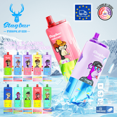 Two large Stagbar Triple Pro bottles in pink and purple with cartoon monkeys, leaning on ice, with rows of minis.