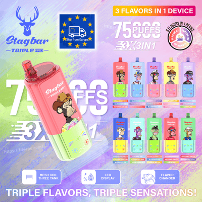 Pink and mint Stag Bar Triple Pro vape with a monkey mascot; showcases 3 flavors in 1 device and a lineup of colorful bottles