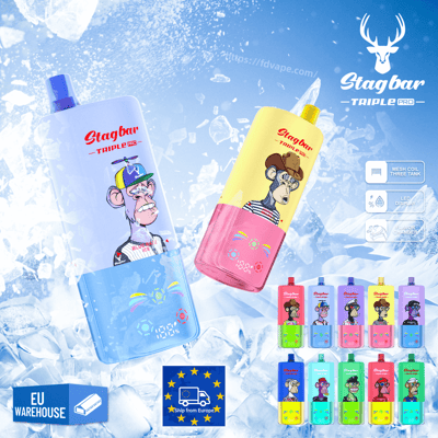 Two large Stagbar Triple Pro vape bottles with cartoon monkeys, blue with purple cap and yellow with pink base, against ice.
