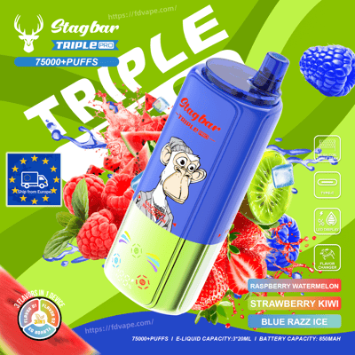 Stagbar Triple Pro vape: blue gradient device with monkey, amid fruit splash; flavors Raspberry Watermelon, Strawberry Kiwi, Blue Razz Ice.