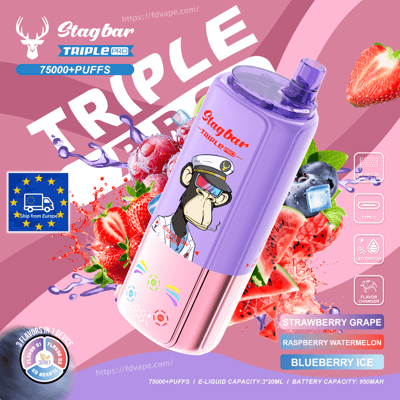 Purple Stagbar vape bottle with a captain monkey mascot, berry splash, and 75,000+ puffs.