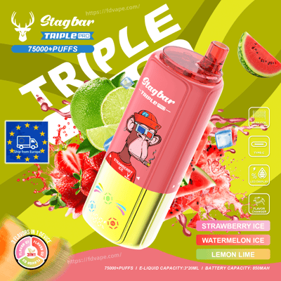 Pink gradient Stagbar Triple Pro disposable vape with cartoon monkey; flavors Strawberry Ice, Watermelon Ice, Lemon Lime.
