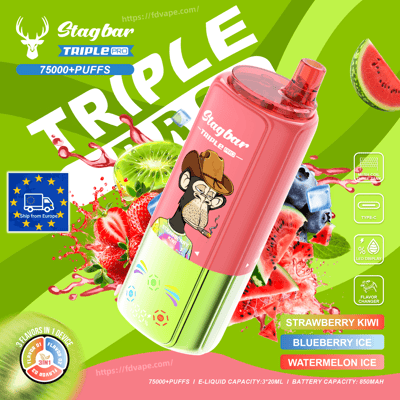 Green ad for Stagbar Triple Pro e-liquid bottle with pink top, cartoon dog in a cowboy hat, strawberries and kiwi.