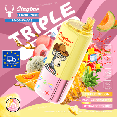Vibrant ad for Stagbar Triple Pro e-liquid featuring a yellow-pink bottle with a cowboy monkey, set among tropical fruits.