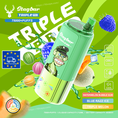 Stagbar Triple Pro green e-liquid bottle with a cartoon monkey in a captain's hat on the label, set against a lime background with fruit graphics.