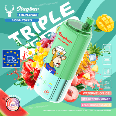 Green Stagbar Triple Pro vape bottle featuring a cartoon monkey on the label, with fruit imagery and Watermelon Ice flavor.
