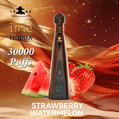 Tequila-themed vape bottle labeled Don Leon 1942 with watermelon and strawberry imagery; flavor Strawberry Watermelon, 30k puffs.
