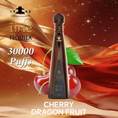 Tall dark Don Leon 1942 tequila bottle with cherries and a green leaf against a gold-red background; text reads 30000 Puffs and Cherry Dragon Fruit.
