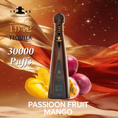 Don Leon 1942 tequila vape bottle centered among passion fruit and mango, with 30000 Puffs on a warm golden background.