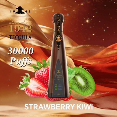 Tall dark bottle labeled Don Leon 1942, surrounded by strawberries and kiwis against a gold ribbon backdrop, advertising 30,000 puffs Strawberry Kiwi.