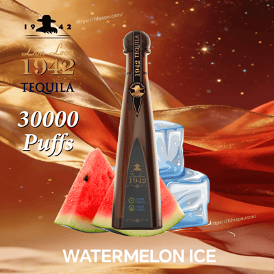 Tequila bottle Don Leon 1942 with watermelon and ice on a warm orange background; features 30,000 Puffs and Watermelon Ice.