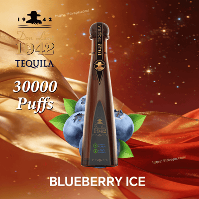 Tall Don Leon 1942 Tequila bottle with a blueberry cluster in front, against a gold-orange background, advertising 30,000 puffs of Blueberry Ice
