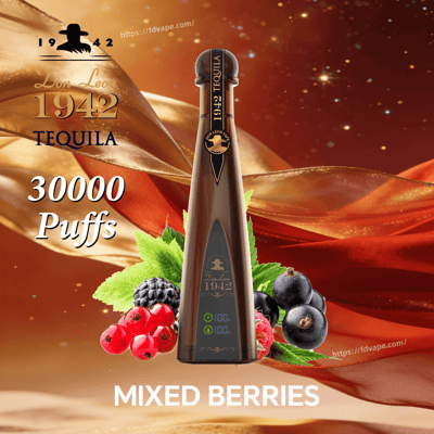 Don Leon 1942 tequila bottle at center with mixed berries and a gold ribbon background, advertising 30000 Puffs and Mixed Berries flavor.