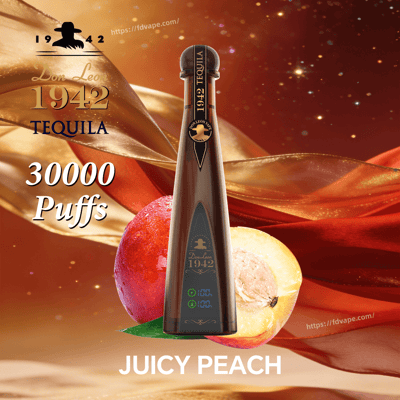 Tall Don Leon 1942 Tequila bottle centered amid a peach and golden ribbon background, with 30,000 Puffs and Juicy Peach text.