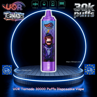 Bottiglia per vaporizzatore usa e getta UOR Tornado 30000 Puffs viola su un piedistallo al neon, raffigurante un gorilla con una felpa con cappuccio e un pappagallo.