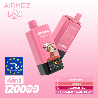 Two pink Airmez 4-in-1 disposable vapes with a cartoon dog label and 1200 puffs on a pink gradient background.