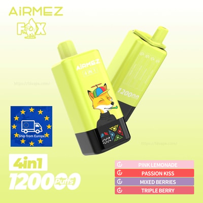 Two lime-yellow Airmez 4in1 disposable vape pens, one with a cartoon fox, 1200 puffs, EU shipping badge.