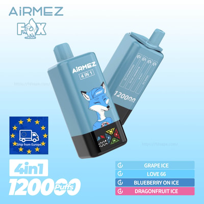 Two blue AiRMEZ 4-in-1 vape pods with a fox mascot, 1200 puffs, flavors: GRAPE ICE, LOVE 66, BLUEBERRY ON ICE, DRAGONFRUIT ICE.
