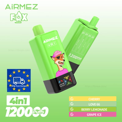 Green Airmez 4-in-1 disposable vape with a cartoon fox, 1200 puffs, flavor lineup Cherry, Love 66, Berry Lemonade, Grape Ice.