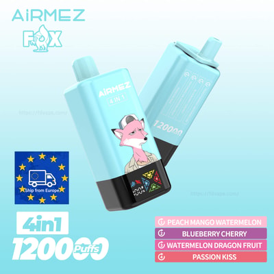 Light blue AirMEZ Fox disposable vape with pink fox illustration, 4-in-1, 1200 puffs.