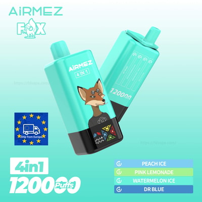 Two turquoise AirMez Fox 4in1 vapes with a fox design, 1200 puffs, flavors Peach Ice, Pink Lemonade, Watermelon Ice.