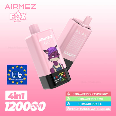 AiRMEZ 4IN1 pink vape pod with a purple fox logo, 1200 puffs, and assorted flavors including strawberry and peach mango.